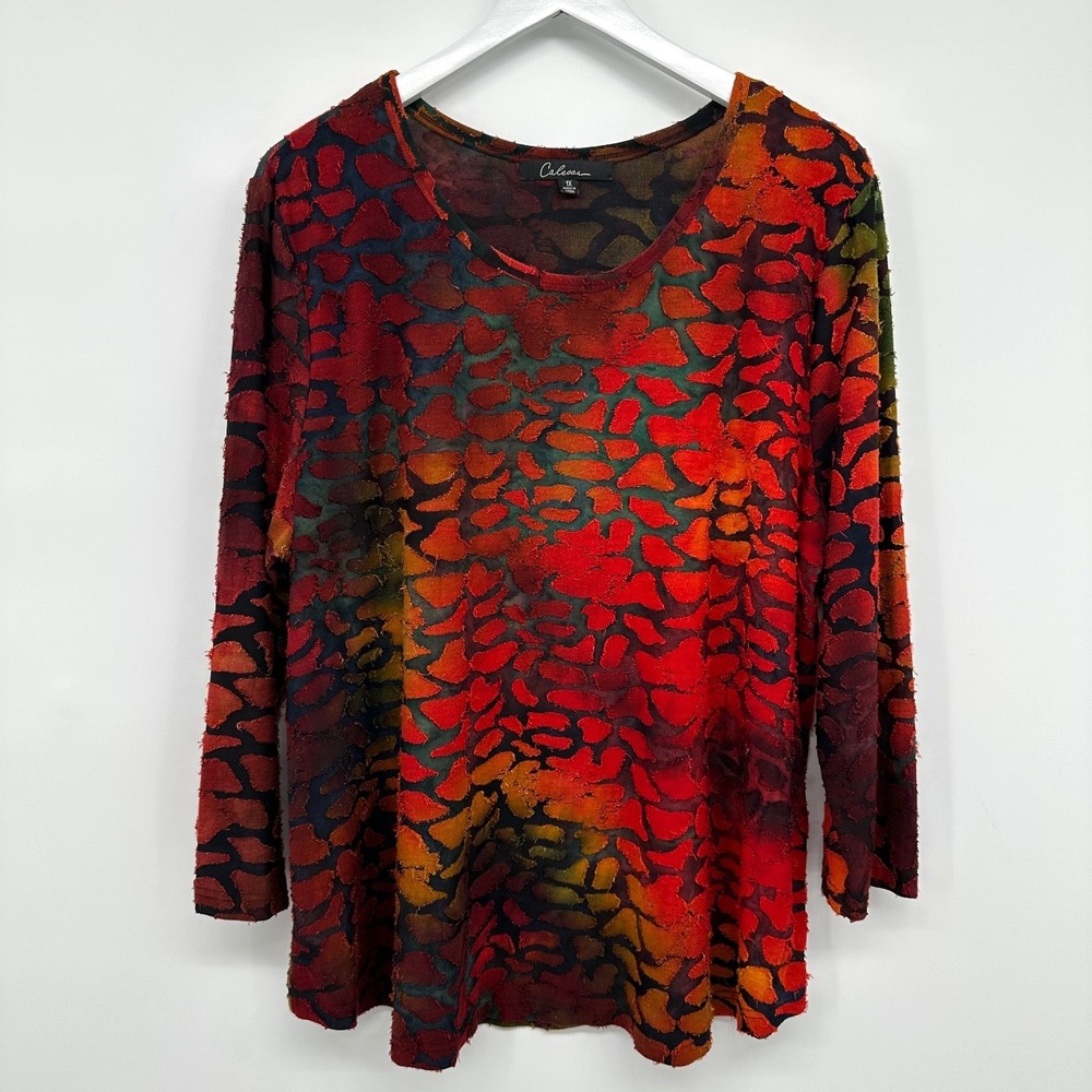 Calessa Top Shirt 1X Textured Burnout 3/4 Sleeves Stretch Artsy Boho Grunge